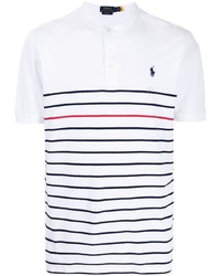 weißes und dunkelblaues horizontal gestreiftes T-shirt mit einer Knopfleiste von Polo Ralph Lauren