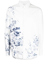 weißes und dunkelblaues Langarmhemd mit Blumenmuster von Erdem