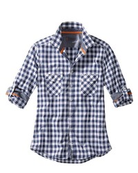 weißes und dunkelblaues Langarmhemd mit Vichy-Muster von Classic