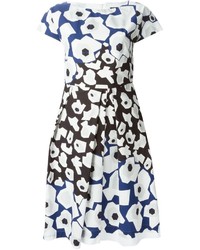 weißes und dunkelblaues schwingendes Kleid mit Blumenmuster von Jil Sander