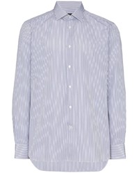weißes und dunkelblaues vertikal gestreiftes Langarmhemd von Ermenegildo Zegna