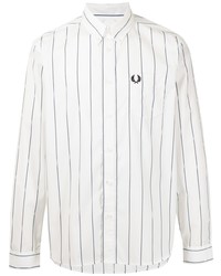 weißes und dunkelblaues vertikal gestreiftes Langarmhemd von Fred Perry