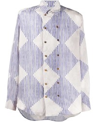 weißes und dunkelblaues vertikal gestreiftes Langarmhemd von Giorgio Armani