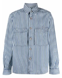 weißes und dunkelblaues vertikal gestreiftes Langarmhemd von Xacus