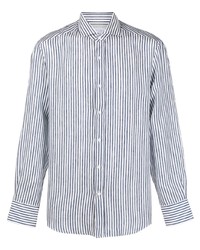 weißes und dunkelblaues vertikal gestreiftes Leinen Langarmhemd von Brunello Cucinelli