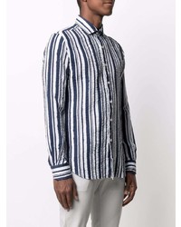 weißes und dunkelblaues vertikal gestreiftes Leinen Langarmhemd von Xacus