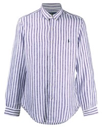 weißes und dunkelblaues vertikal gestreiftes Leinen Langarmhemd von Polo Ralph Lauren