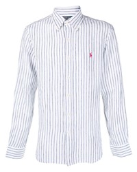 weißes und dunkelblaues vertikal gestreiftes Leinen Langarmhemd von Polo Ralph Lauren