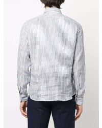 weißes und dunkelblaues vertikal gestreiftes Leinen Langarmhemd von Brunello Cucinelli