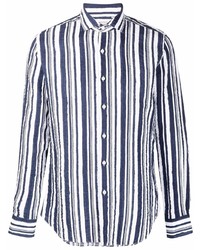 weißes und dunkelblaues vertikal gestreiftes Leinen Langarmhemd von Xacus