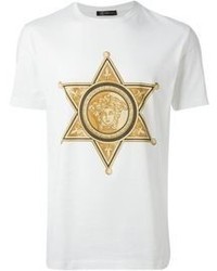 weißes und gelbes bedrucktes T-Shirt mit einem Rundhalsausschnitt von Versace