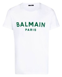 weißes und grünes bedrucktes T-Shirt mit einem Rundhalsausschnitt von Balmain