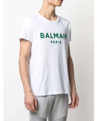 weißes und grünes bedrucktes T-Shirt mit einem Rundhalsausschnitt von Balmain