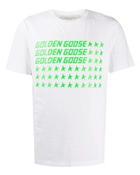 weißes und grünes bedrucktes T-Shirt mit einem Rundhalsausschnitt von Golden Goose