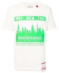 weißes und grünes bedrucktes T-Shirt mit einem Rundhalsausschnitt von Maison Mihara Yasuhiro