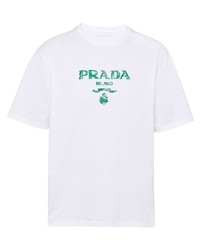 weißes und grünes bedrucktes T-Shirt mit einem Rundhalsausschnitt von Prada
