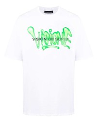 weißes und grünes bedrucktes T-Shirt mit einem Rundhalsausschnitt von Vision Of Super