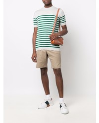 weißes und grünes horizontal gestreiftes T-Shirt mit einem Rundhalsausschnitt von John Smedley