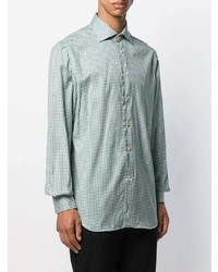 weißes und grünes Langarmhemd mit Vichy-Muster von Kiton