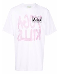 weißes und rosa bedrucktes T-Shirt mit einem Rundhalsausschnitt von Aries