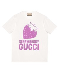 weißes und rosa bedrucktes T-Shirt mit einem Rundhalsausschnitt von Gucci