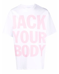 weißes und rosa bedrucktes T-Shirt mit einem Rundhalsausschnitt von Honey Fucking Dijon