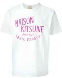 weißes und rosa bedrucktes T-Shirt mit einem Rundhalsausschnitt von Kitsune