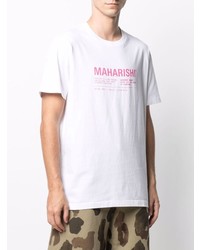 weißes und rosa bedrucktes T-Shirt mit einem Rundhalsausschnitt von Maharishi