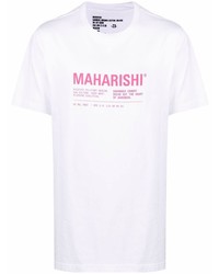 weißes und rosa bedrucktes T-Shirt mit einem Rundhalsausschnitt von Maharishi