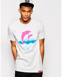 weißes und rosa bedrucktes T-Shirt mit einem Rundhalsausschnitt