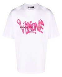 weißes und rosa bedrucktes T-Shirt mit einem Rundhalsausschnitt von Vision Of Super