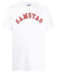 weißes und rotes bedrucktes T-Shirt mit einem Rundhalsausschnitt von adidas