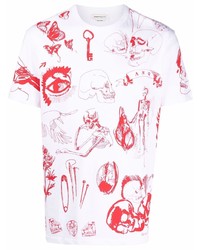 weißes und rotes bedrucktes T-Shirt mit einem Rundhalsausschnitt von Alexander McQueen
