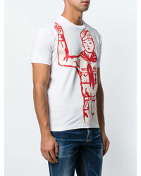 weißes und rotes bedrucktes T-Shirt mit einem Rundhalsausschnitt von DSQUARED2