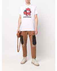 weißes und rotes bedrucktes T-Shirt mit einem Rundhalsausschnitt von DSQUARED2