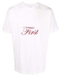weißes und rotes bedrucktes T-Shirt mit einem Rundhalsausschnitt von Family First