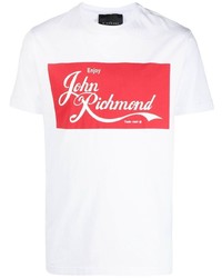 weißes und rotes bedrucktes T-Shirt mit einem Rundhalsausschnitt von John Richmond