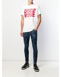 weißes und rotes bedrucktes T-Shirt mit einem Rundhalsausschnitt von DSQUARED2