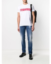 weißes und rotes bedrucktes T-Shirt mit einem Rundhalsausschnitt von DSQUARED2