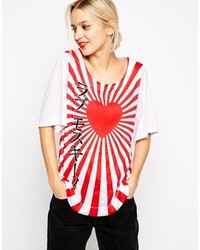weißes und rotes bedrucktes T-Shirt mit einem Rundhalsausschnitt von Love Moschino
