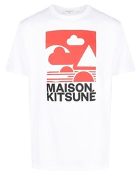 weißes und rotes bedrucktes T-Shirt mit einem Rundhalsausschnitt von MAISON KITSUNÉ