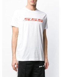 weißes und rotes bedrucktes T-Shirt mit einem Rundhalsausschnitt von Sss World Corp