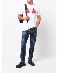 weißes und rotes bedrucktes T-Shirt mit einem Rundhalsausschnitt von DSQUARED2