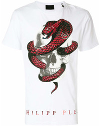 weißes und rotes bedrucktes T-Shirt mit einem Rundhalsausschnitt von Philipp Plein