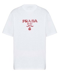 weißes und rotes bedrucktes T-Shirt mit einem Rundhalsausschnitt von Prada
