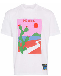 weißes und rotes bedrucktes T-Shirt mit einem Rundhalsausschnitt von Prada