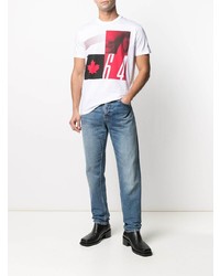 weißes und rotes bedrucktes T-Shirt mit einem Rundhalsausschnitt von DSQUARED2