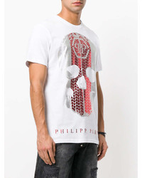 weißes und rotes bedrucktes T-Shirt mit einem Rundhalsausschnitt von Philipp Plein