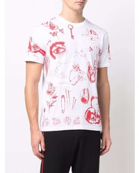 weißes und rotes bedrucktes T-Shirt mit einem Rundhalsausschnitt von Alexander McQueen