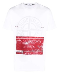 weißes und rotes bedrucktes T-Shirt mit einem Rundhalsausschnitt von Stone Island